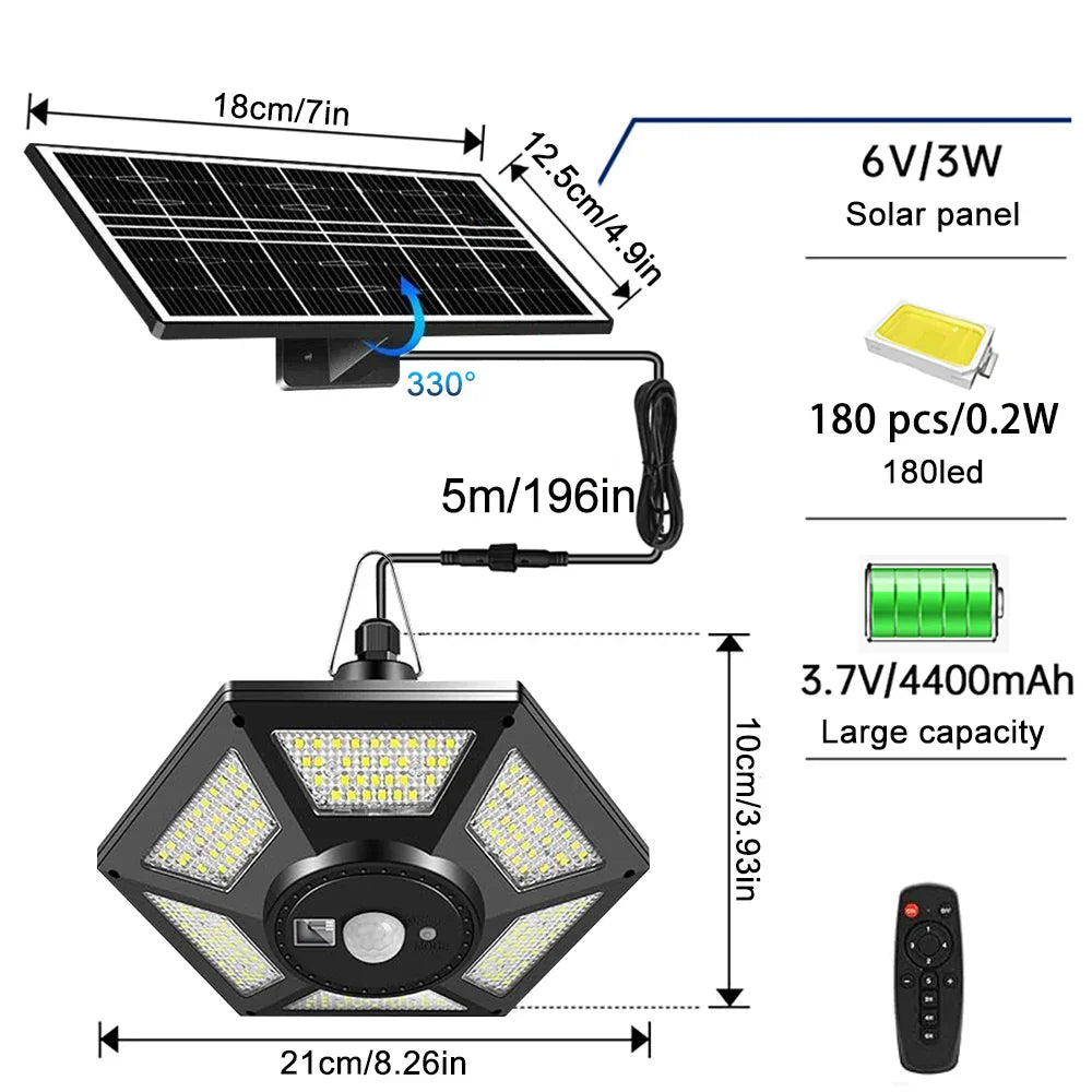 Maliben | Solarhalo | 228 Led Solar Ceiling Lamp | 360° Light Angle | With Remote Control & Motion Sensor | 4400mah Battery