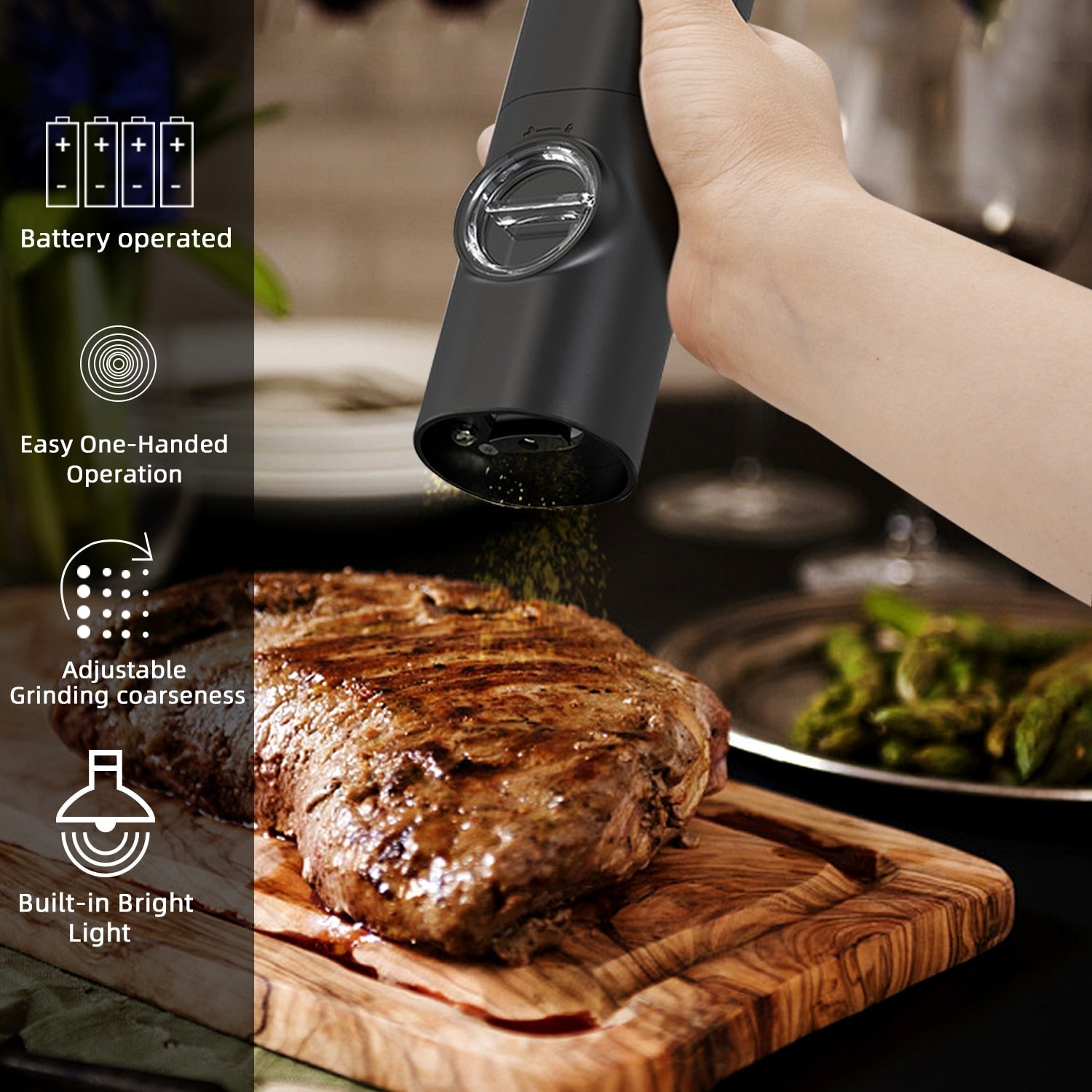 Maliben | Electric automatic pepper and salt mill with LED light and adjustable grind - Perfect for the kitchen or the restaurant