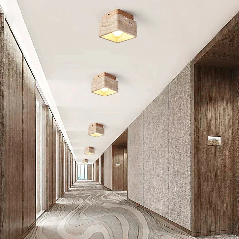 Maliben | Square Travertine & Wood Led Ceiling Lamp