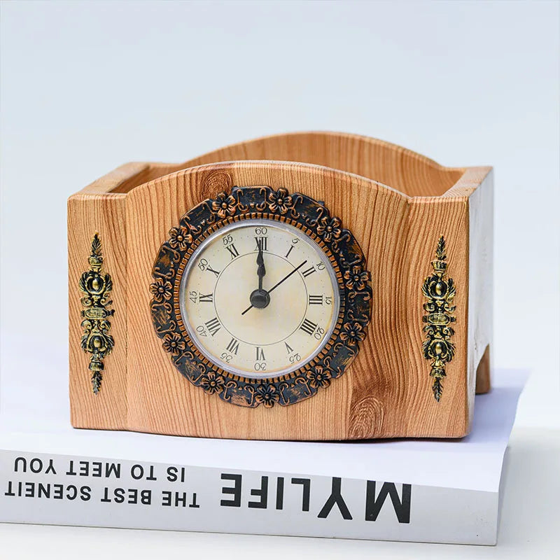 Maliben | Timebloom | Vintage Tabletop Clock With Flower Pot | Creative Decorative Element Made Of Resin | Antique Style For Living Room