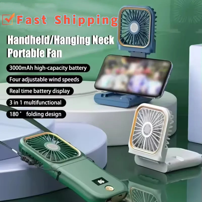 Maliben | Airlio Foldable Usb Fan 3000mah | 4-Level Air Cooler | Hand, Table & Neck Fan | Power Bank Function | 180° Rotatable