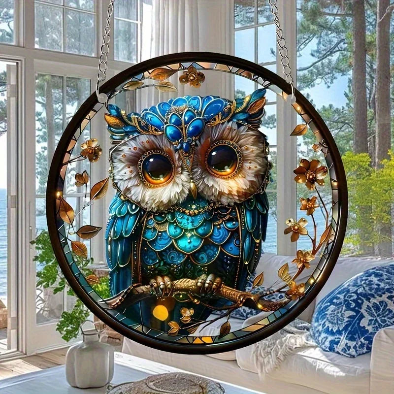 Maliben | Acrylic Sun Catcher Lumoowl | 15 Cm Round | Owl Decor | Window & Wall Pendant | Gift Idea