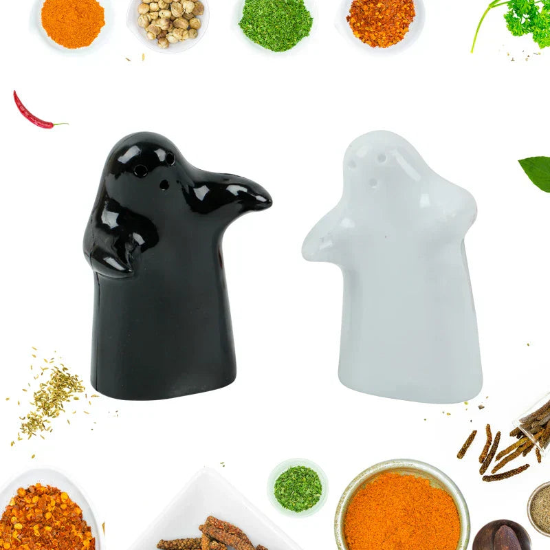 Maliben | Cute Embracing Ghosts Black and White Ceramic Salt and Pepper Mill