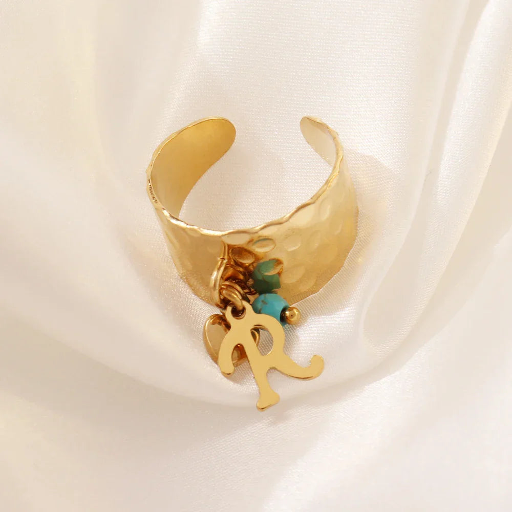Maliben | Dainty Adjustable Letter Initial & Heart Pendant Ring