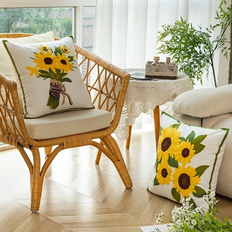 Maliben | Cotton Embroidered Decorative Pillow 45x45 Cm With Sunflower Pattern