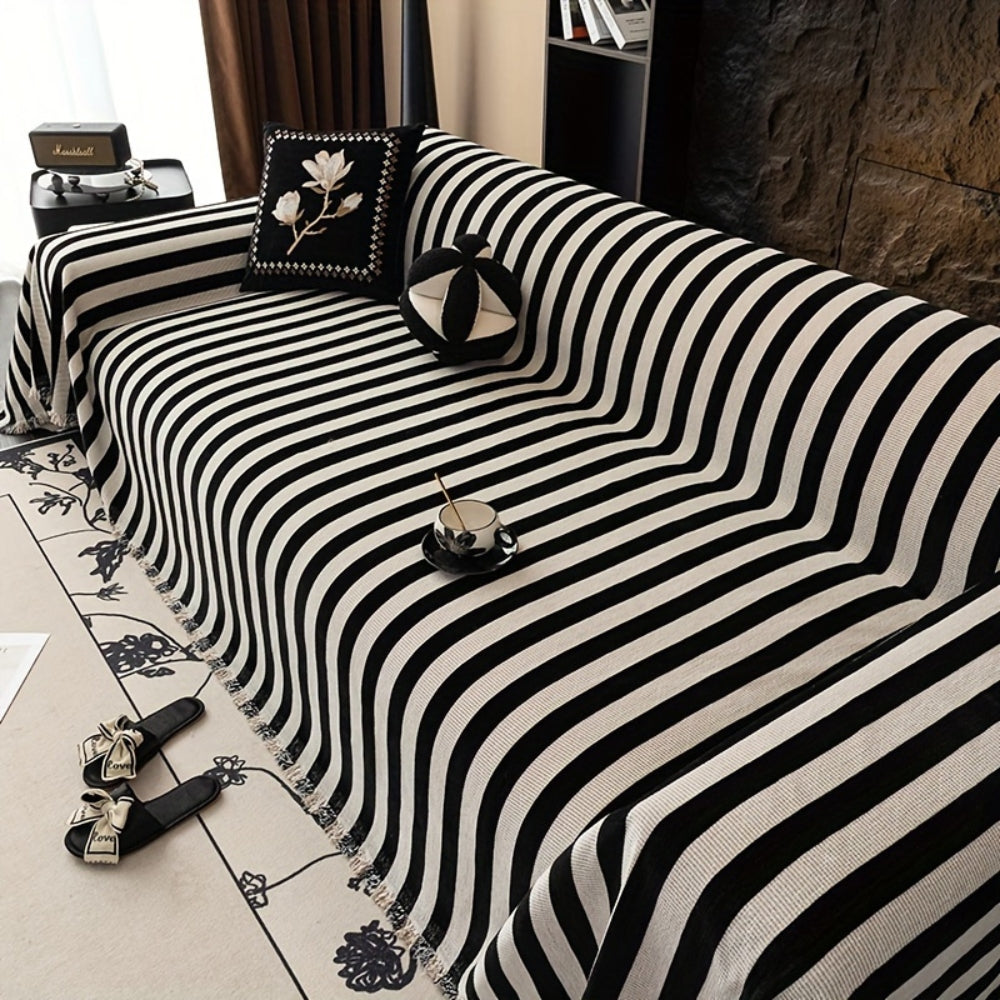 Maliben | Striped Chenille Black White Sofa Cover