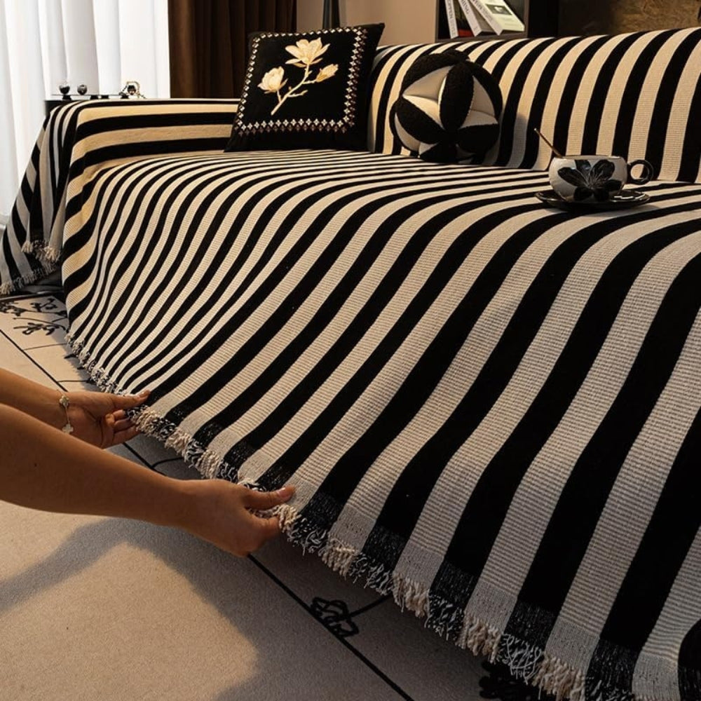 Maliben | Striped Chenille Black White Sofa Cover