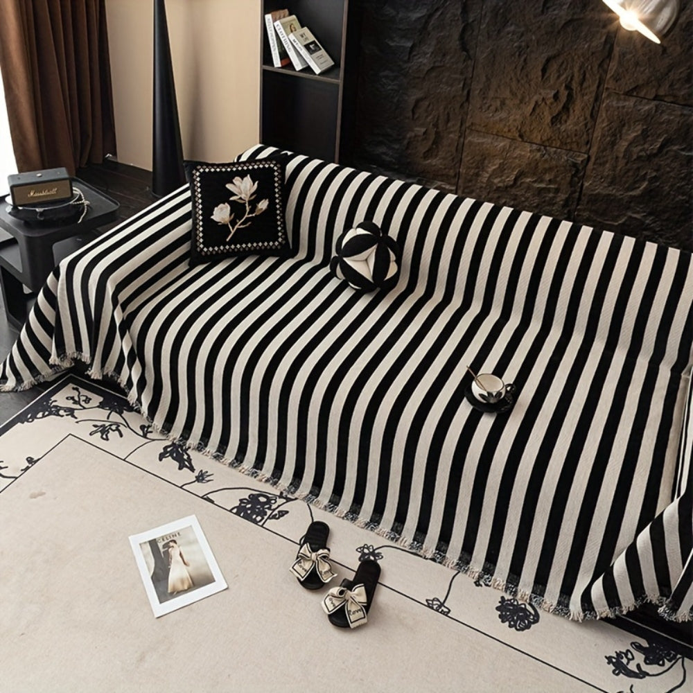 Maliben | Striped Chenille Black White Sofa Cover