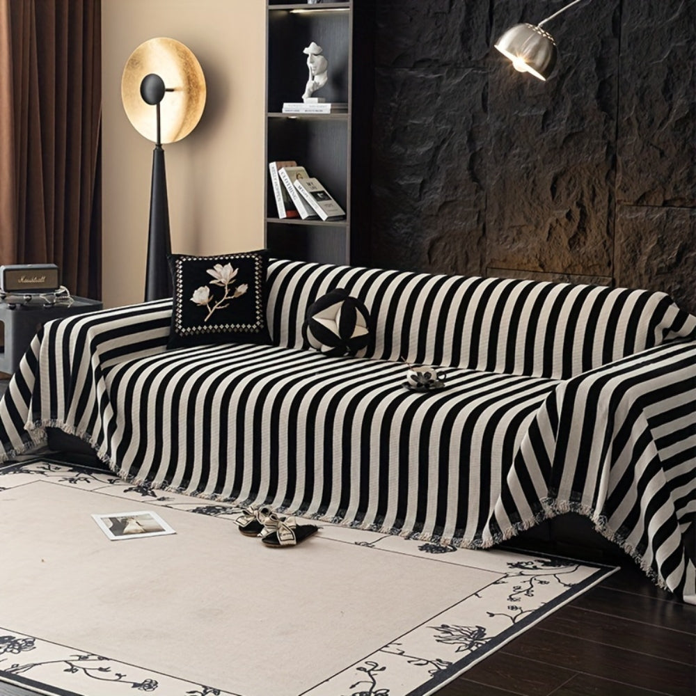 Maliben | Striped Chenille Black White Sofa Cover