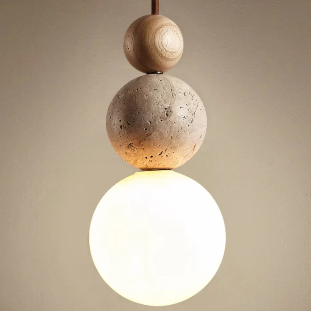 Maliben | Modern Travertine And Mahogany Pendant Light - Naturaluxe