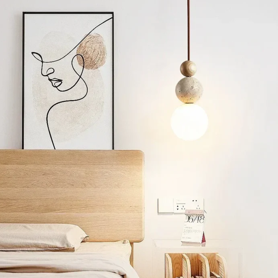 Maliben | Modern Travertine And Mahogany Pendant Light - Naturaluxe