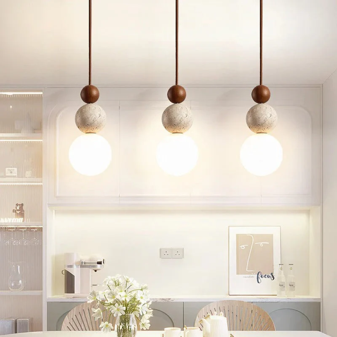 Maliben | Modern Travertine And Mahogany Pendant Light - Naturaluxe