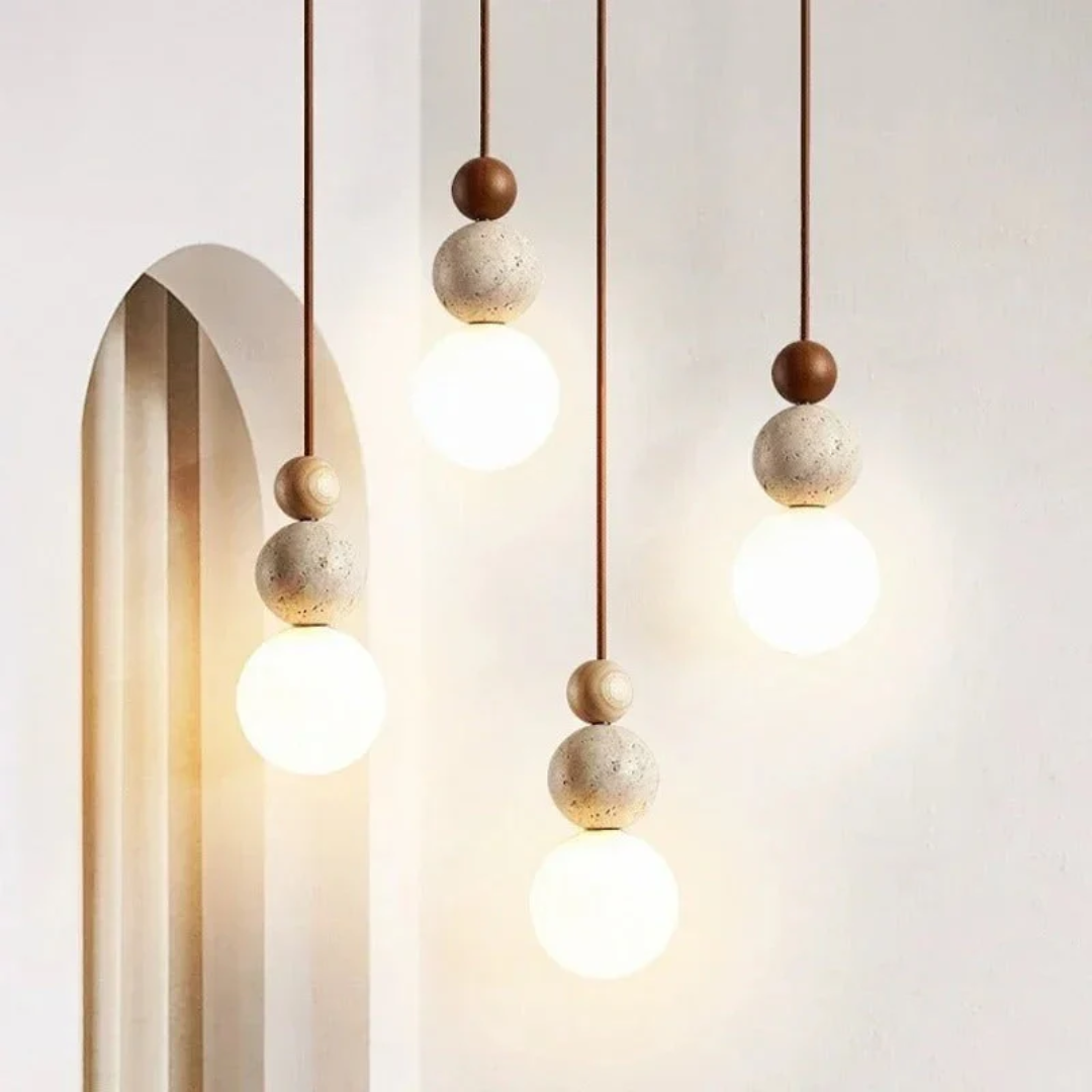 Maliben | Modern Travertine And Mahogany Pendant Light - Naturaluxe