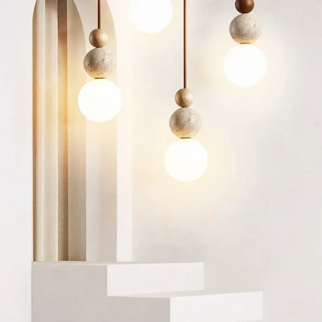 Maliben | Modern Travertine And Mahogany Pendant Light - Naturaluxe