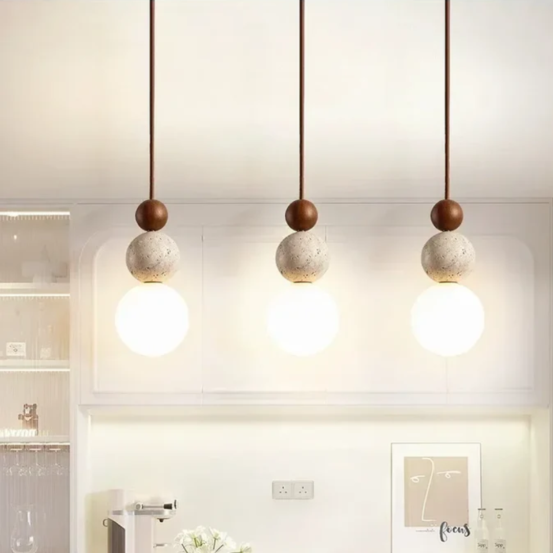 Maliben | Modern Travertine And Mahogany Pendant Light - Naturaluxe
