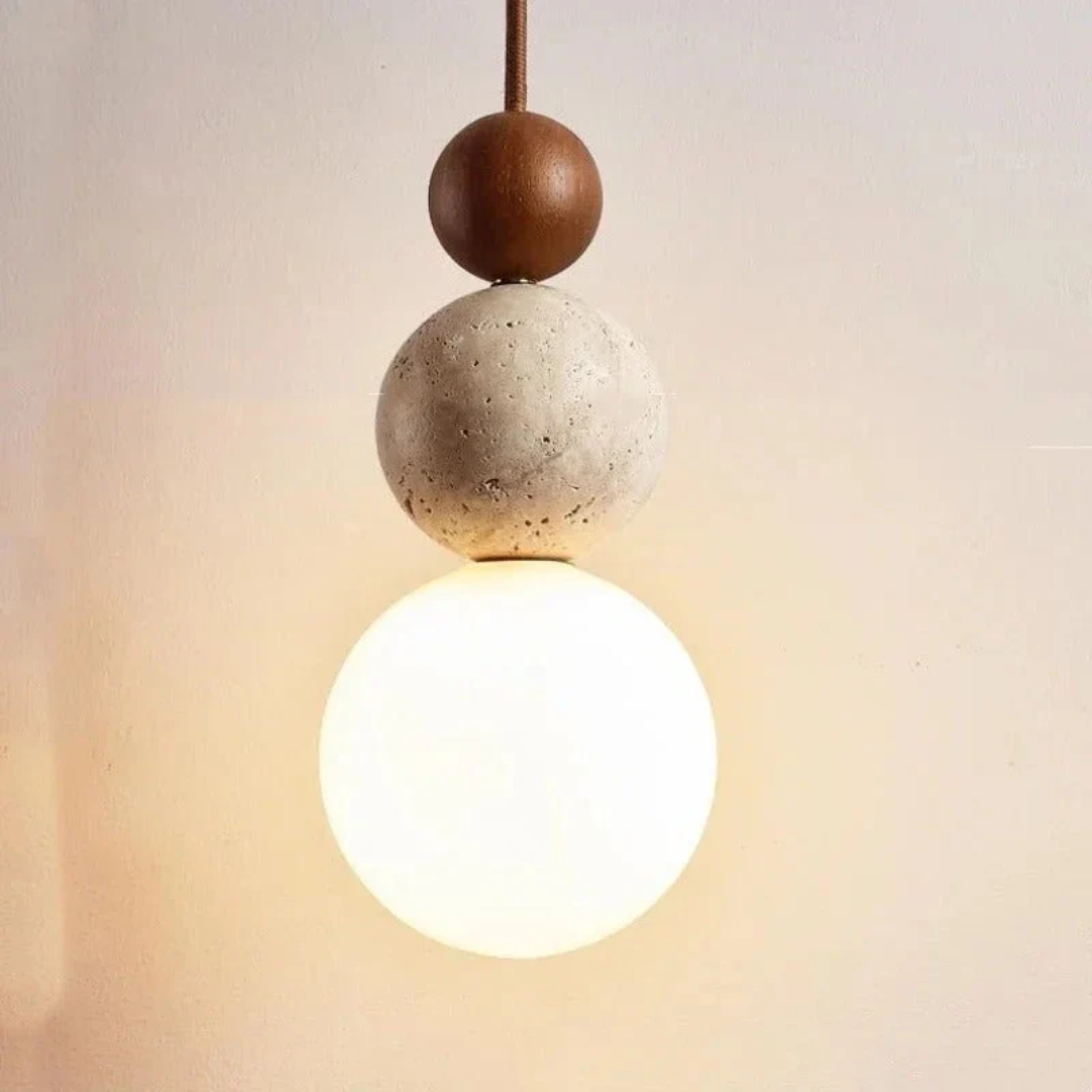 Maliben | Modern Travertine And Mahogany Pendant Light - Naturaluxe