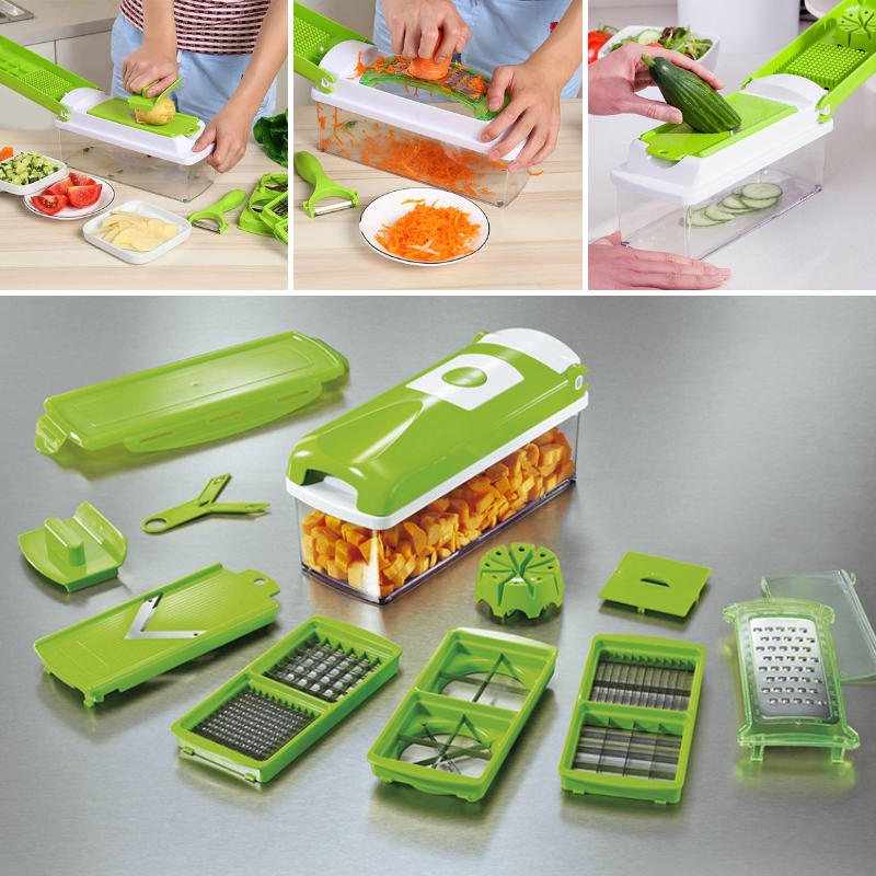 Maliben | Cutmate Multifunctional Vegetable Cutter 12-In-1 | With Collection Container & Finger Guard | Stainless Steel Blades | Compact & Safe