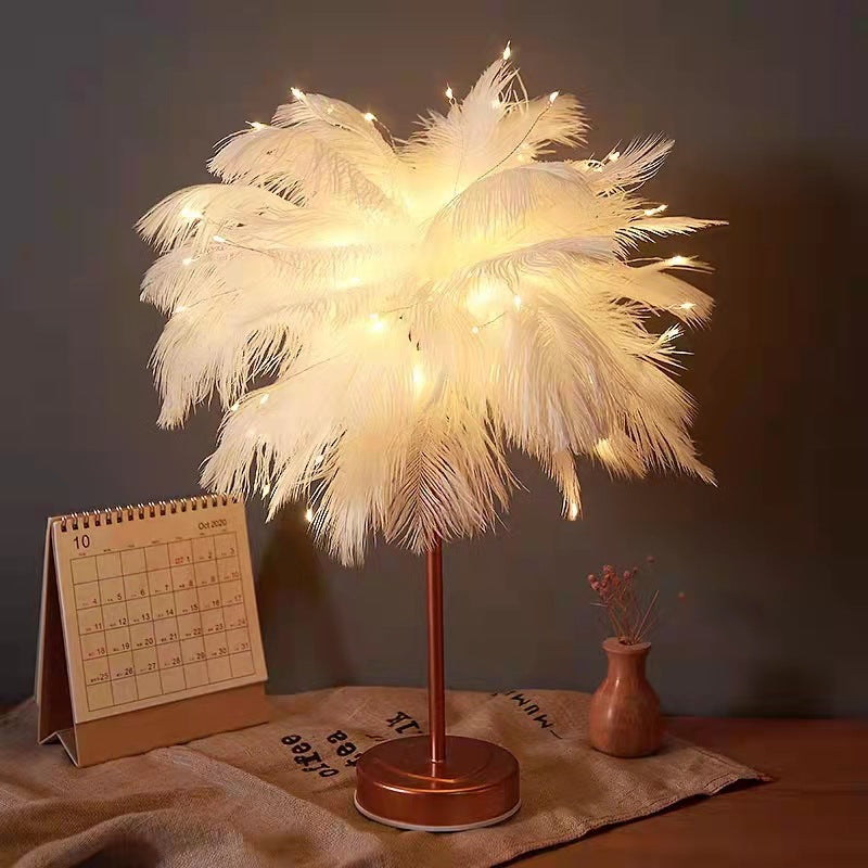 Maliben | Ostrich Night Lamp | Eccentric Lamp With Feathers & Rose Gold Base