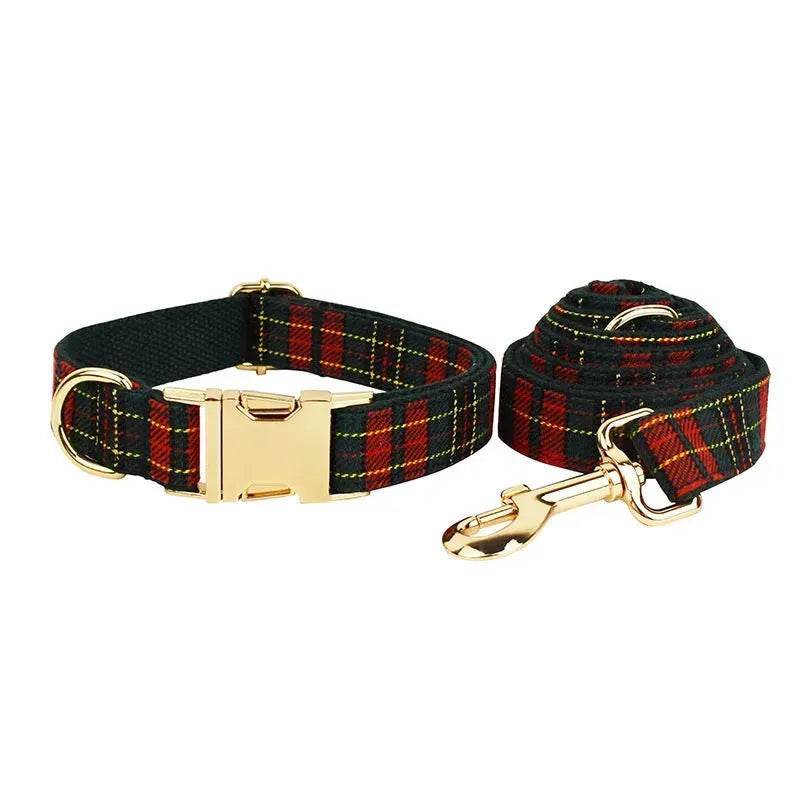 Maliben | Christmas Pet Collar Plaid With Green Background Dog Rope Leash Suit