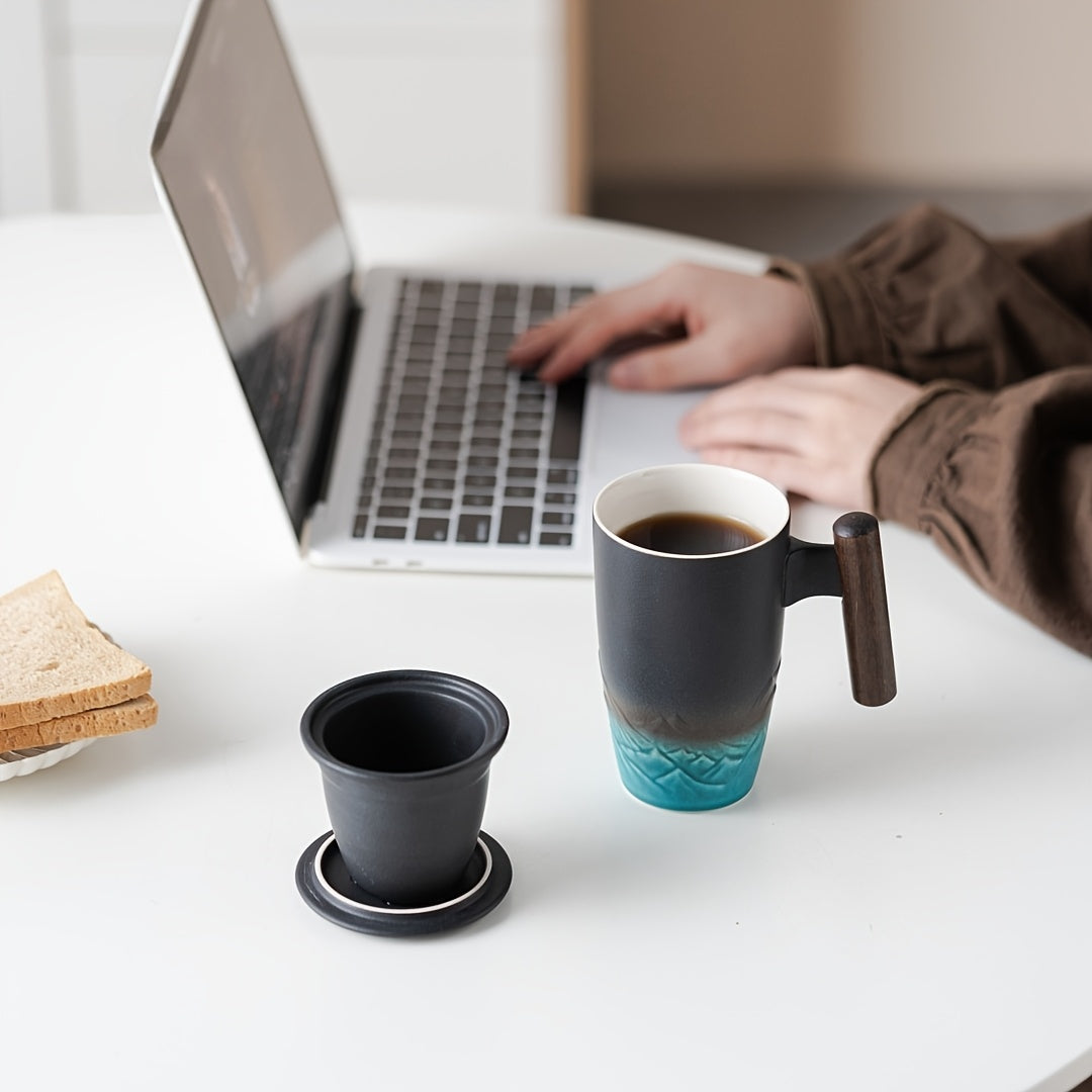 Maliben | Teacraft Ceramic Mug | Handmade | With Tea Infuser & Wooden Handle | Retro Design