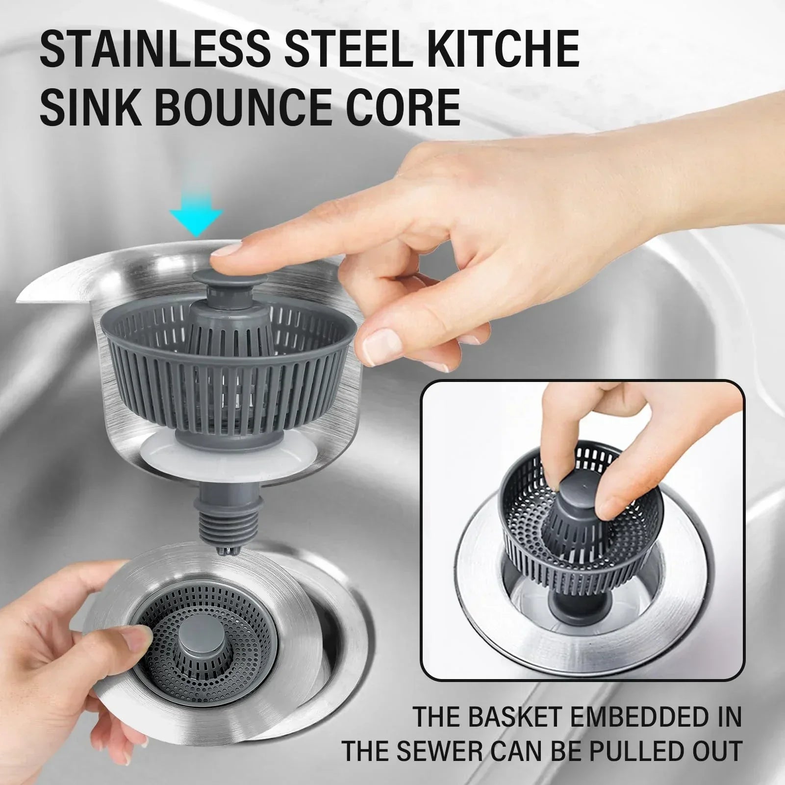 Maliben | Drain Strainer & Stopper | 304 Stainless Steel + Abs | Anti-Clog Basket | Fits Standard Kitchen Sinks
