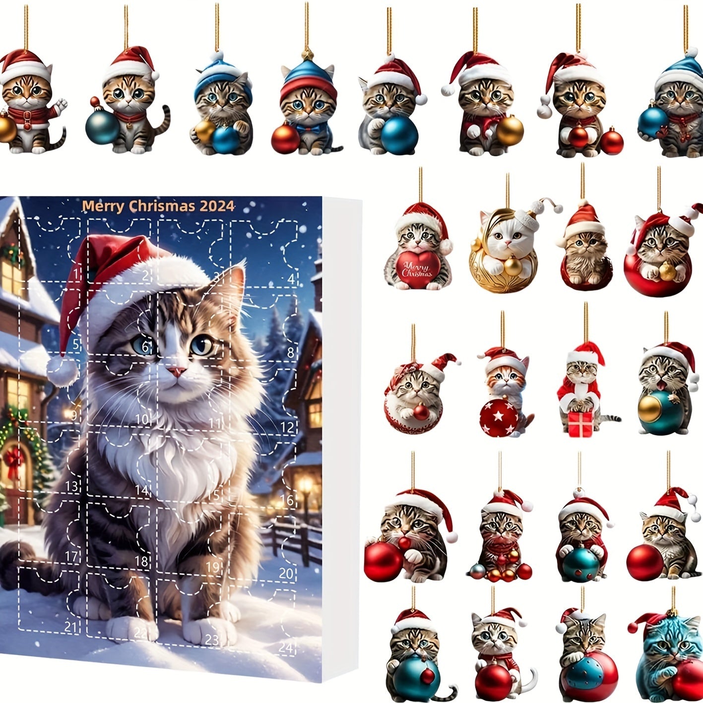 Maliben | Vintage Cats Advent Calendar – 24-Piece Christmas Calendar With Acrylic Hang Tags