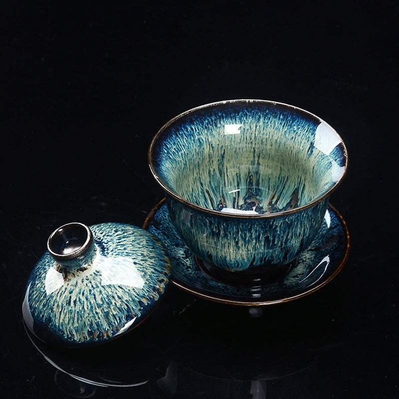Maliben | Vintage Kiln Ceramic Gaiwan Sancai Tea Cup Tea Cup and Saucer with Lid