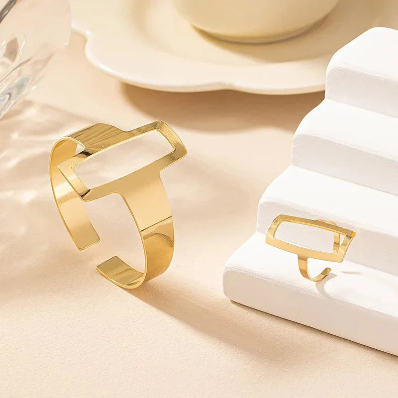 Maliben | Adjustable Geometric Rectangle Bracelet And Ring Set