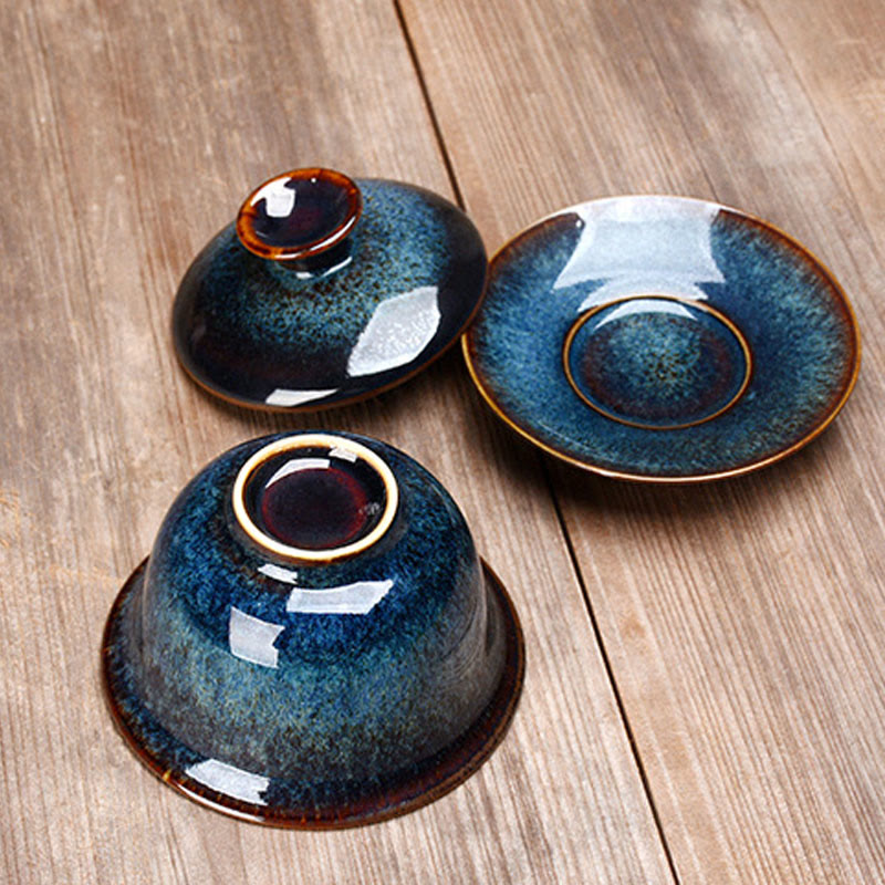Maliben | Vintage Kiln Ceramic Gaiwan Sancai Tea Cup Tea Cup and Saucer with Lid