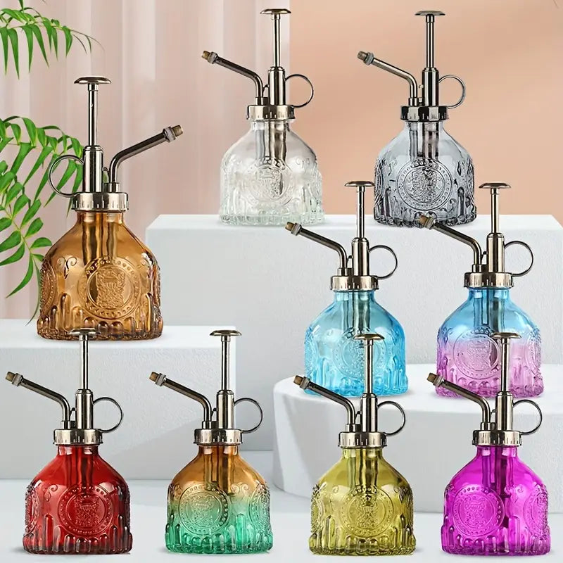 Maliben | Embossed Glass Bottle With Metal Nozzle – Plant Sprayer For Flower WaterIng in Vintage Design