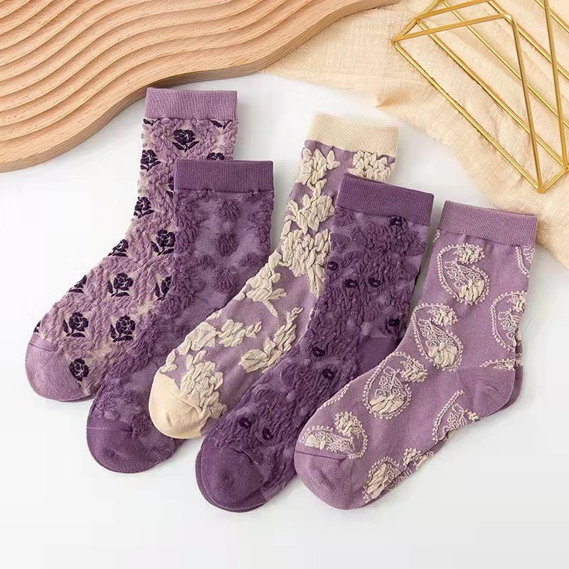 Maliben | 5 Pair Vintage Flower Embroidery Socks