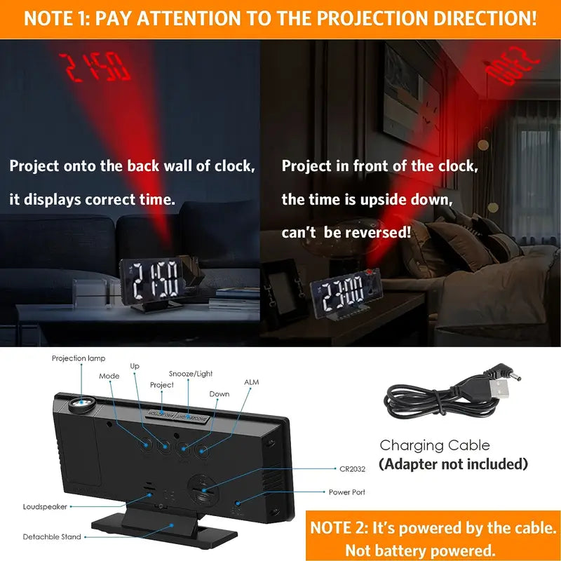 Maliben | 180° Adjustable Led Projection Alarm Clock – Snooze, 12/24h Time & Temperature Display, Mirror Design – Usb Powered, Night Mode & Memory Function