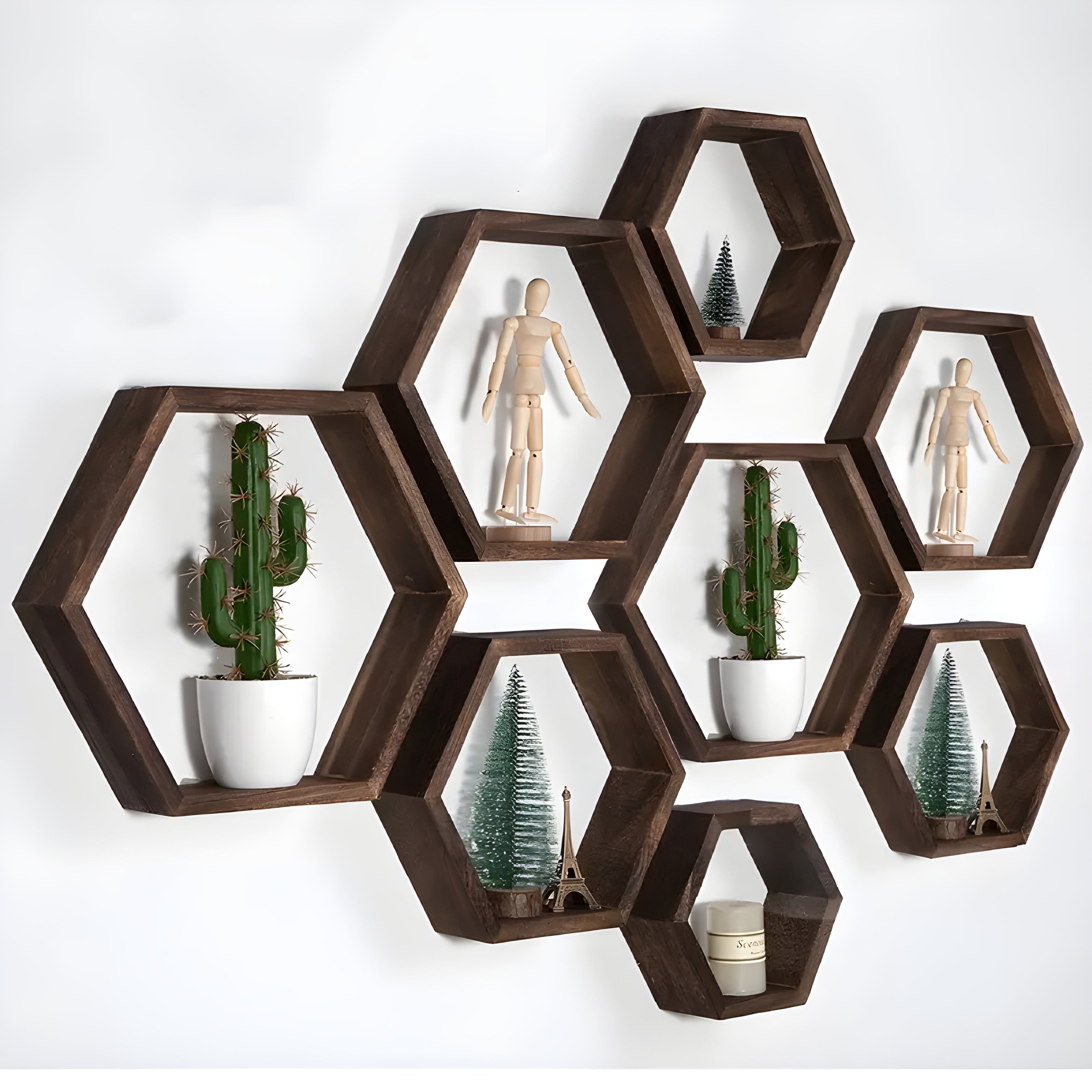 Maliben | Wall Shelf Set HexaWood | 5-Piece | Hexagon Design | Rustic wood Look