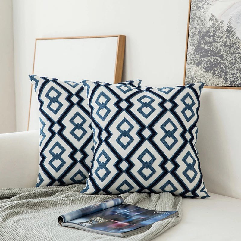 Maliben | Blue Embroidered Decorative Pillow With Ornament Pattern