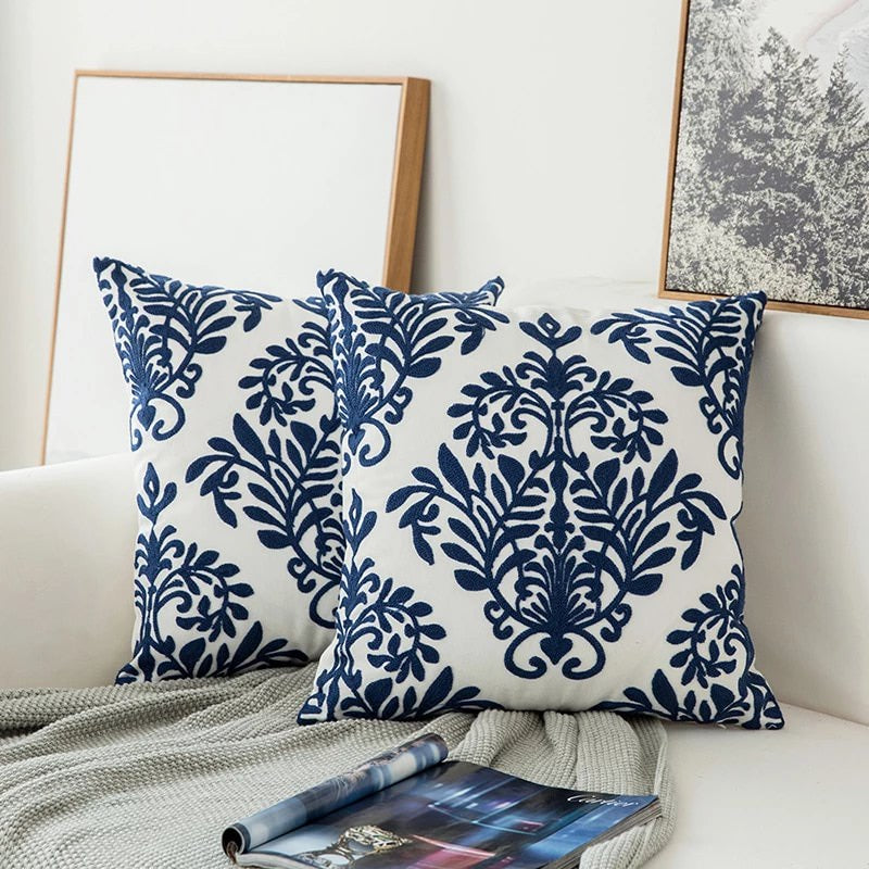 Maliben | Blue Embroidered Decorative Pillow With Ornament Pattern