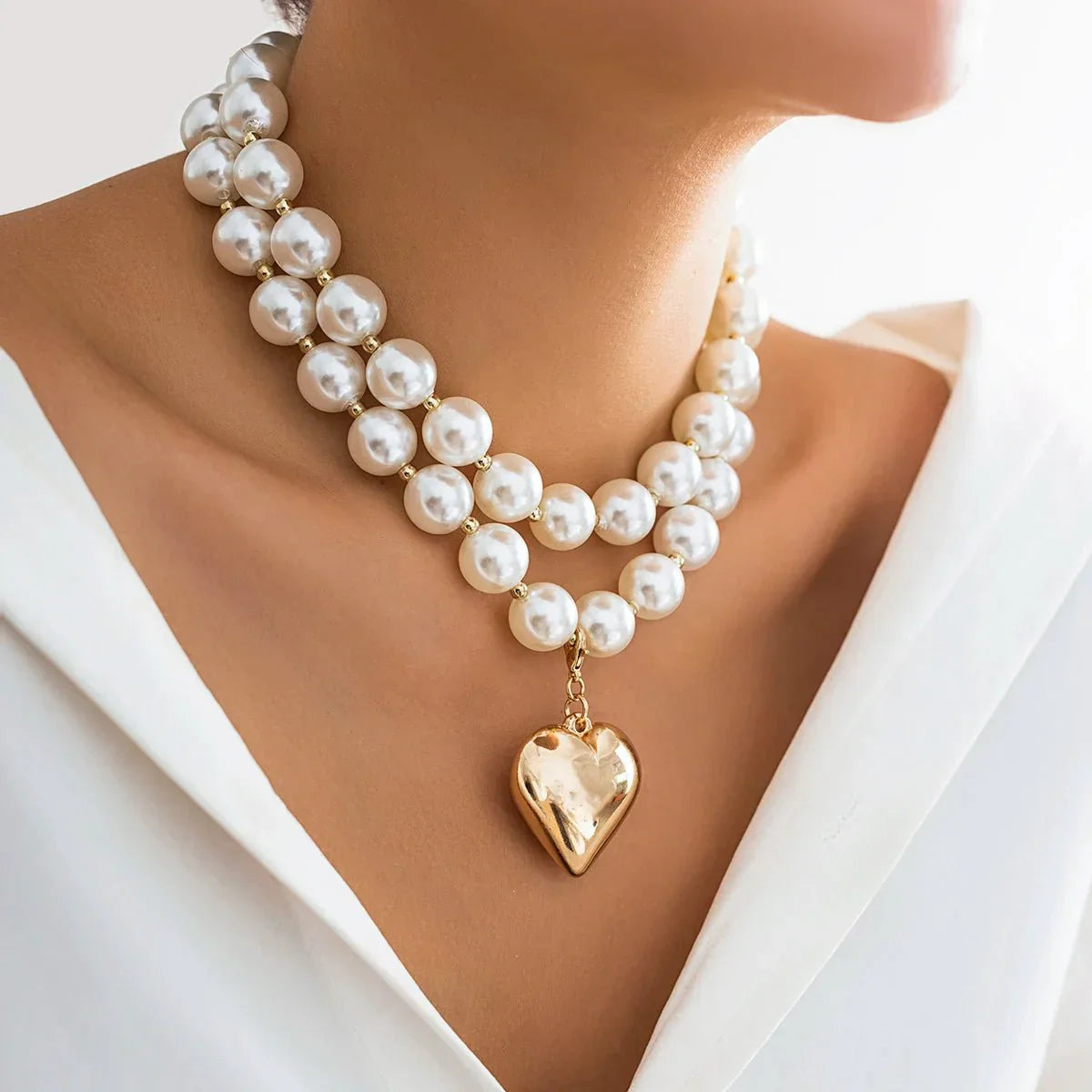 Maliben | Bold Statement Pearl Layered Heart Necklace