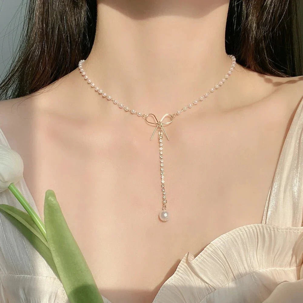 Maliben | Bow Pearl Drop Choker Necklace