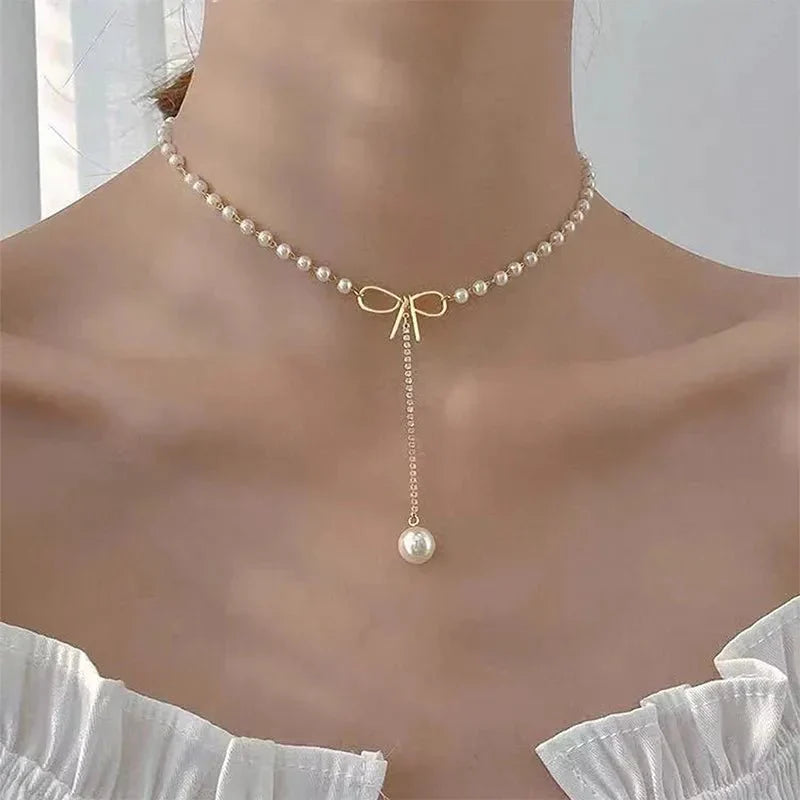 Maliben | Bow Pearl Drop Choker Necklace