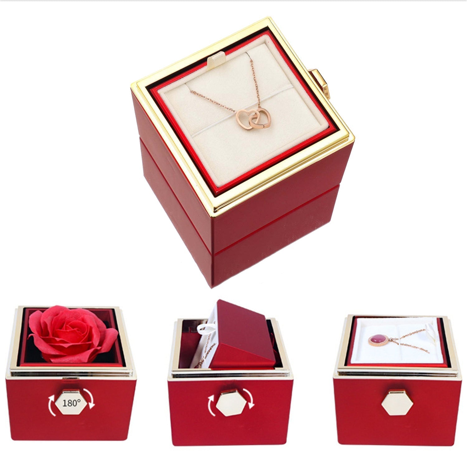 Maliben | Two Hearts Necklace With Rotating Rose Gift Box