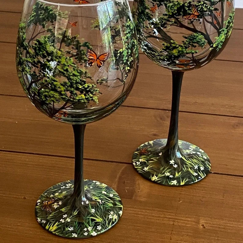 Maliben | Hand Painted Four Seasons Tree Wine Glasses | Unique Art