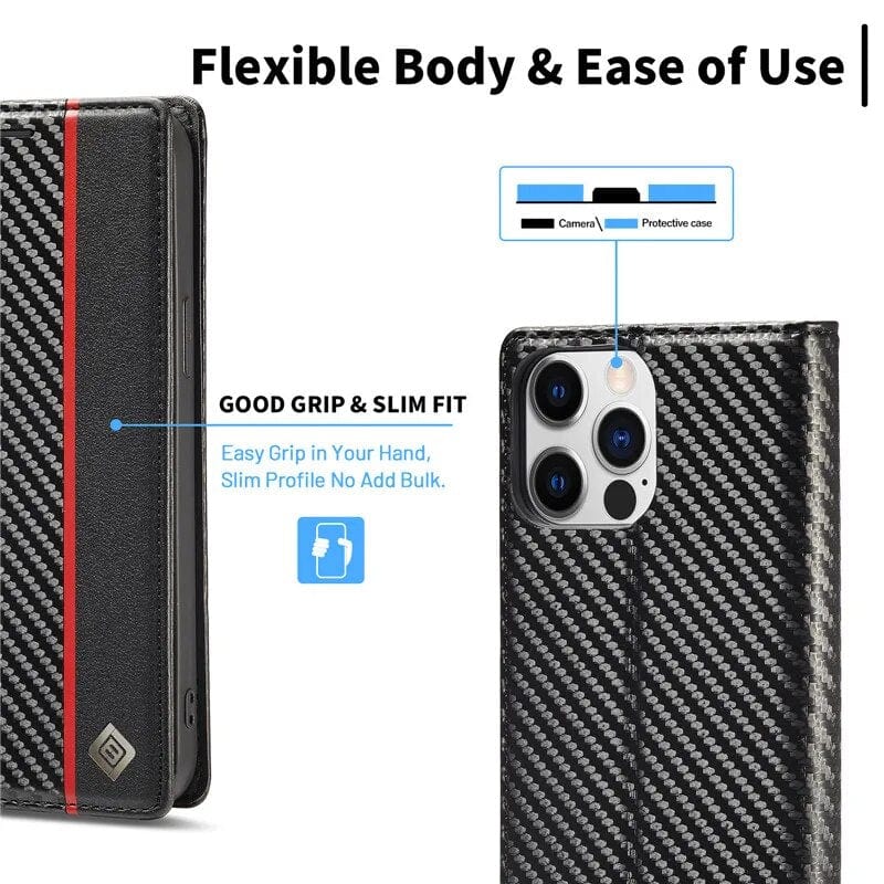 Maliben | S23 Phone Case | Card Holder Made Of Carbon Fiber Leather With Magnetic Closure