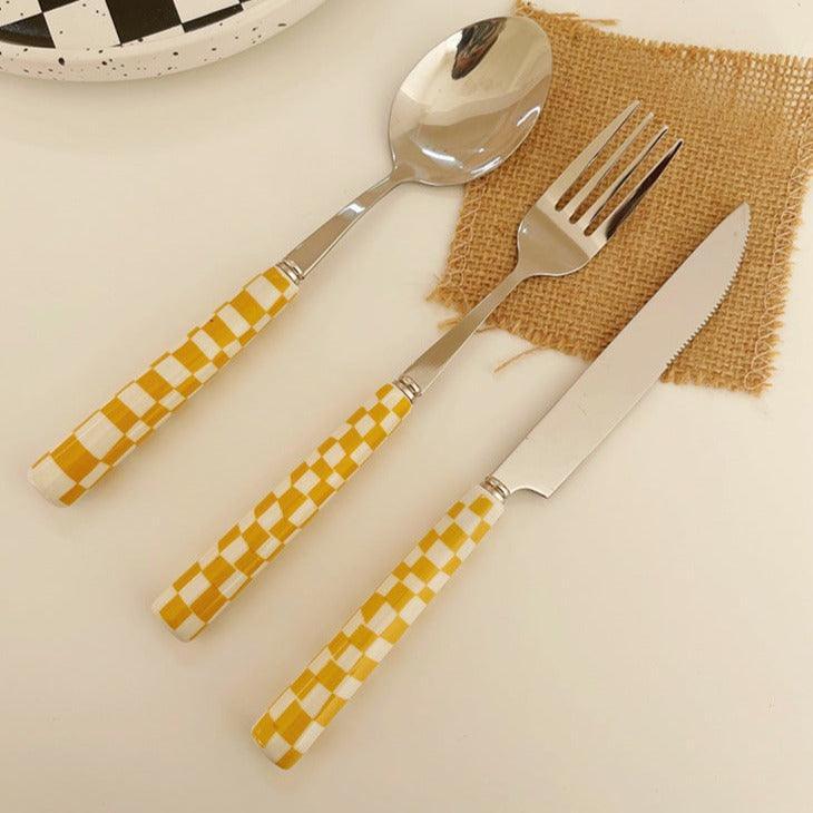 Maliben | Checked Stainless Steel Silver Cutlery Black Red Yellow Green