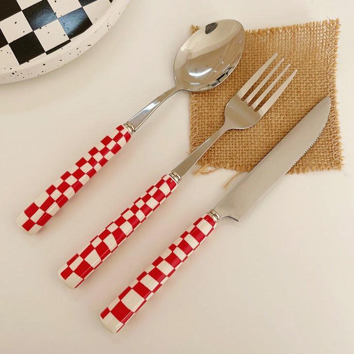Maliben | Checked Stainless Steel Silver Cutlery Black Red Yellow Green