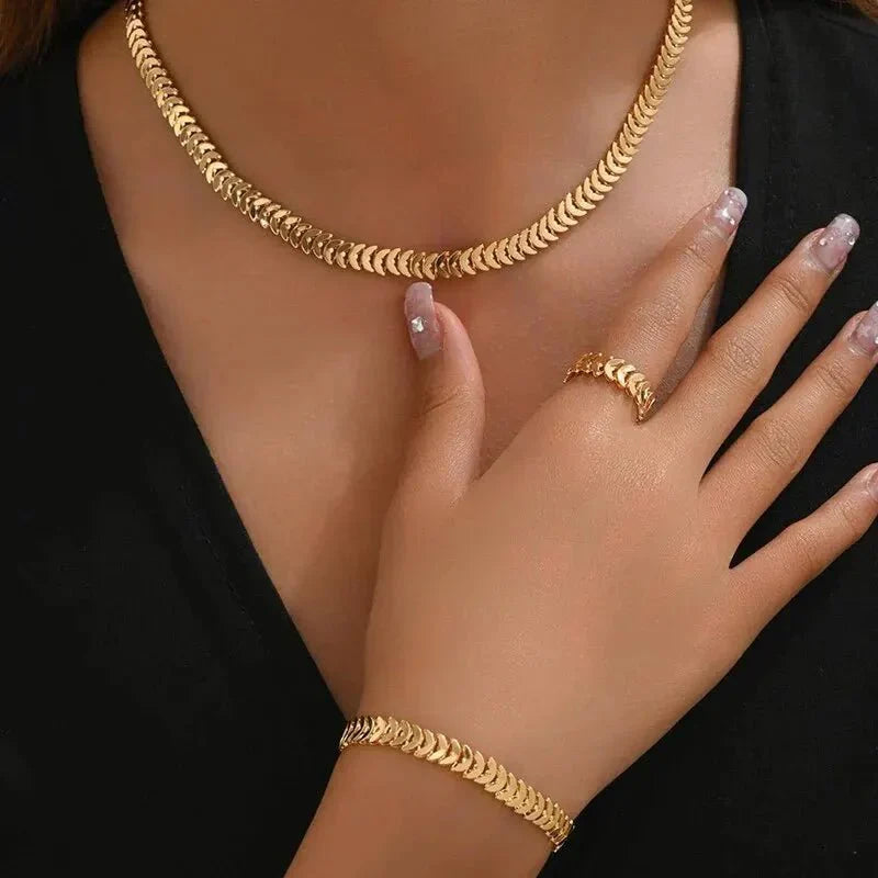 Maliben | Classy Fishbone Necklace, Bracelet, And Ring Set