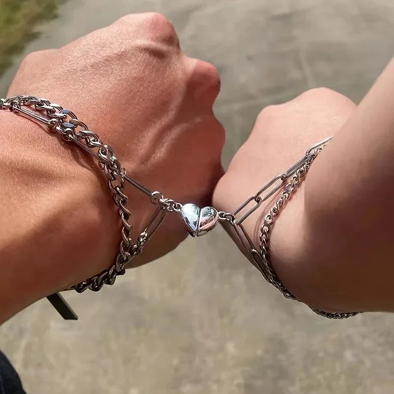 Maliben | Couples Magnetic Heart Cuban & Paperclip Chain Bracelet Set