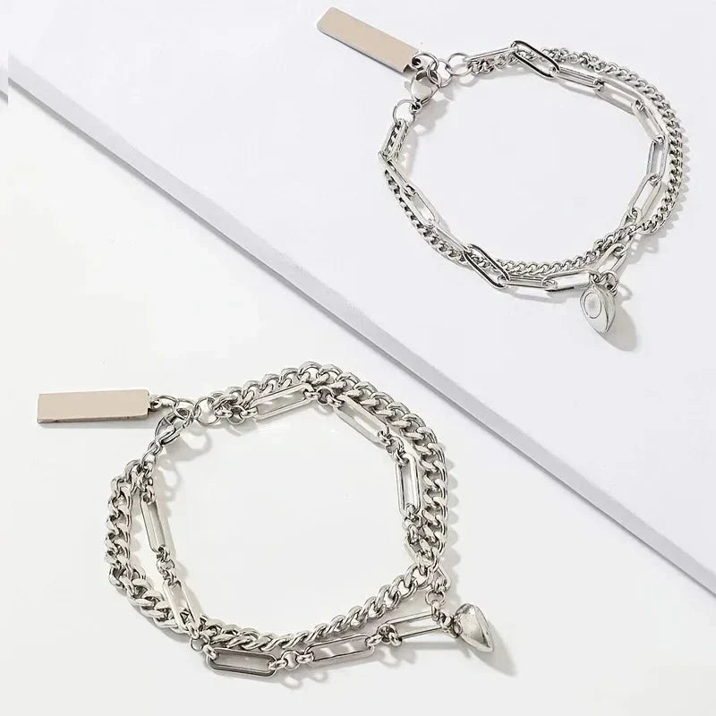 Maliben | Couples Magnetic Heart Cuban & Paperclip Chain Bracelet Set