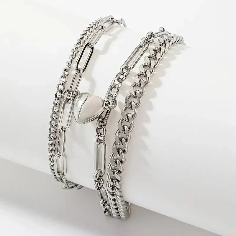Maliben | Couples Magnetic Heart Cuban & Paperclip Chain Bracelet Set