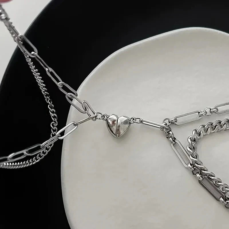 Maliben | Couples Magnetic Heart Cuban & Paperclip Chain Bracelet Set