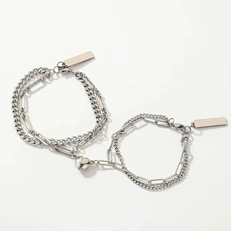 Maliben | Couples Magnetic Heart Cuban & Paperclip Chain Bracelet Set