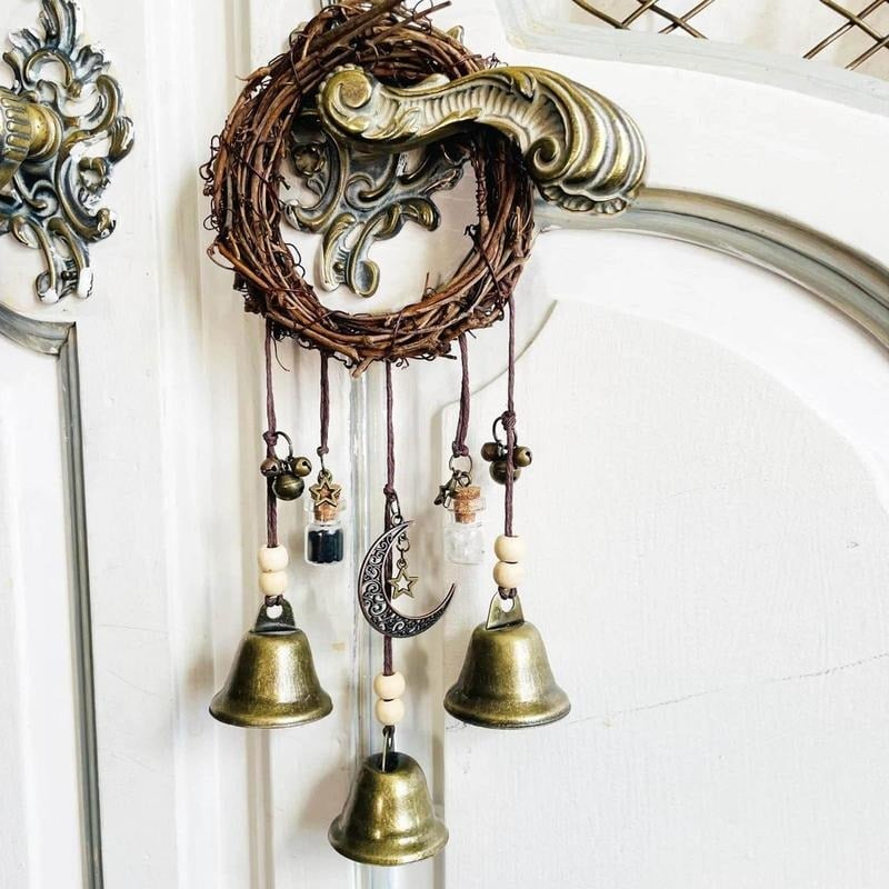 Maliben | Witch Bell HangIng Decor | Boho Rustic Design | Rattan & Metal | 11.8 in